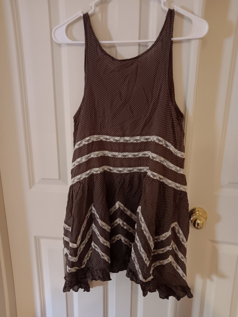 Free People Brown Polka Dot Lace-Trim Trapesez Slip Tank Tunic Dress - Picture 3 of 9